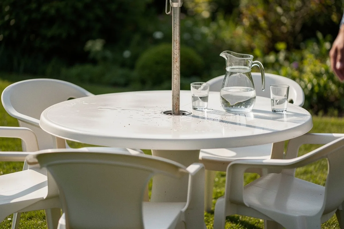 Kam skirtas skylė viduryje plastikinių sodo stalų