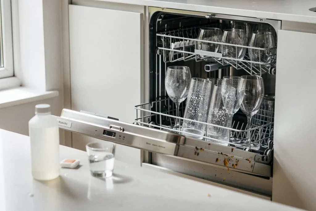 Kodėl indaplovė palieka baltas dėmes ant stiklinių – ir kaip tai išspręsti